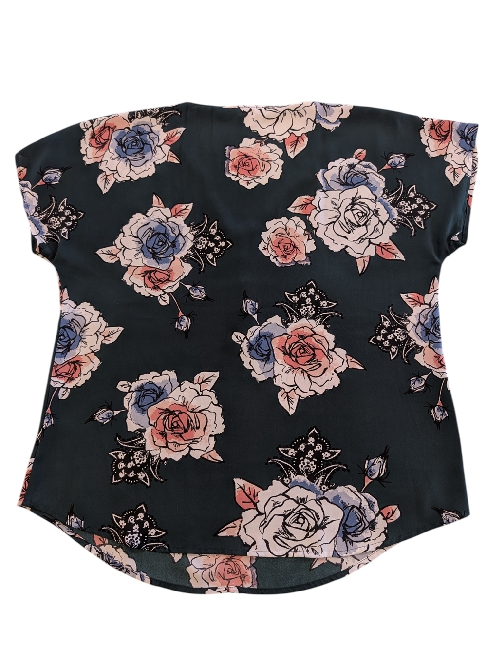 Maurices Floral V-Neck Top in Dark Green with Pink, Blue, & Cream Roses - Picture 2 of 6